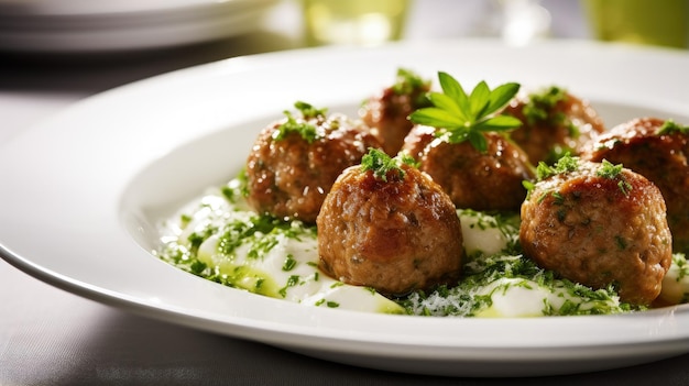 Fotografía gastronómica profesional de albóndigas de ternera.