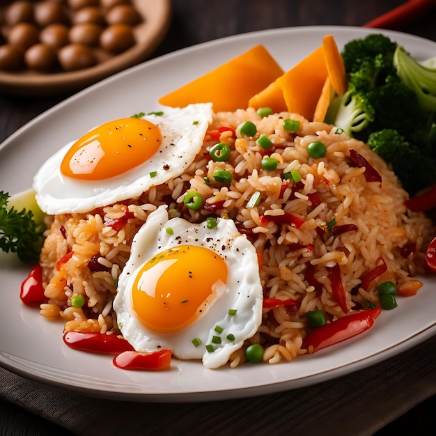 Fotografía gastronómica profesional de calamares en rodajas de arroz frito chino y gambas para aderezar