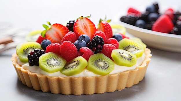 Fotografía gastronómica profesional de tarta de frutas con salsa de vainilla.