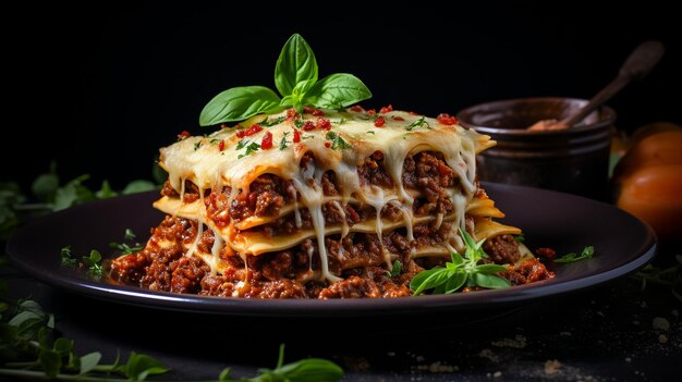 Fotografia gastronômica respeitada pelo tempo Lasagna tradicional italiana elegantemente apresentada numa mesa escura