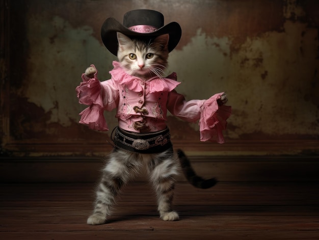 Fotografía de un gatito con ropa de vaquero