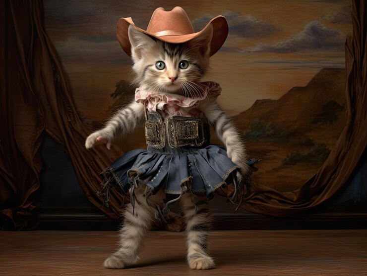 Fotografía de un gatito con ropa de vaquero