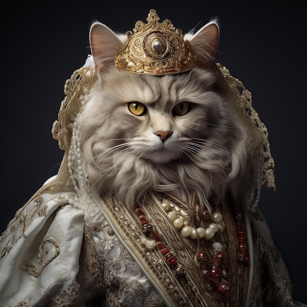 Fotografía de un gato con ropa renacentista
