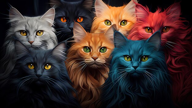 Fotografía de gatos hiperrealistas Ilusión hipnótica abstracta de gatos en multicolor