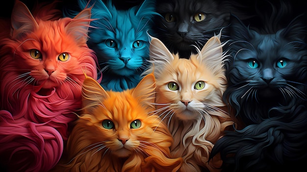 Fotografía de gatos hiperrealistas Ilusión hipnótica abstracta de gatos en multicolor