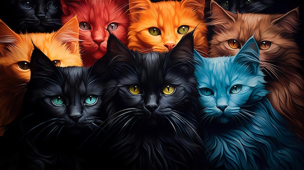 Fotografía de gatos hiperrealistas Ilusión hipnótica abstracta de gatos en multicolor