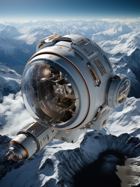 Fotografía geográfica nacional de una estación espacial futurista sobre un acantilado en las montañas invernales