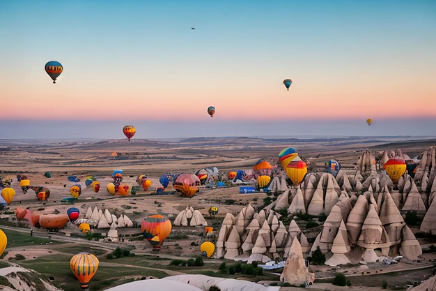 Fotografía de globos de aire caliente sobre el fondo natural de Capadocia