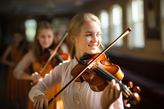 Fotografía de la graciosa belleza de una clase de violín