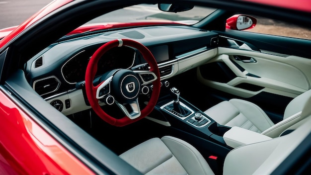 Fotografía en gran ángulo del interior de un automóvil, incluido el volante rojo y los asientos blancos