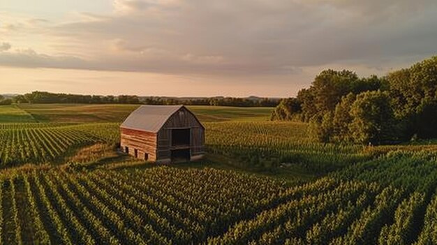 Foto fotografía de un granero rodeado de campos de cultivos