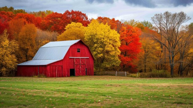 Fotografía de un granero rojo rodeado de un vibrante follaje de otoño