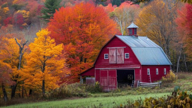 Fotografía de un granero rojo rodeado de un vibrante follaje de otoño