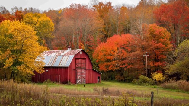 Fotografía de un granero rojo rodeado de un vibrante follaje de otoño