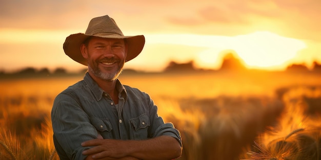 Foto fotografía de un granjero adulto sonriente con los brazos cruzados y un sombrero