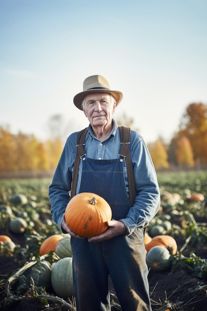 Fotografía de un granjero mayor de pie en un campo de calabazas creada con IA generativa
