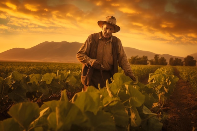 fotografía de un granjero recogiendo lechuga de su jardín Imagen de una plantación de lechuga muy grande Fotografía al atardecer Imagen creada con IA