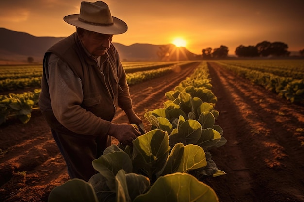 Foto fotografía de un granjero recogiendo lechuga de su jardín imagen de una plantación de lechuga muy grande fotografía al atardecer imagen creada con ia
