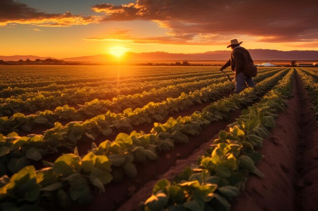 fotografía de un granjero recogiendo lechuga de su jardín Imagen de una plantación de lechuga muy grande Fotografía al atardecer Imagen creada con IA