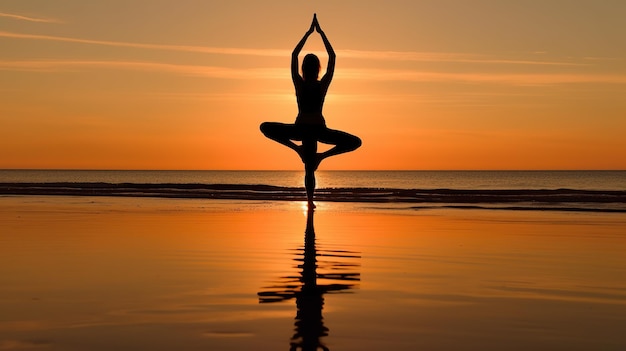 Fotografía gratuita de árbol de yoga en la playa con puesta de sol