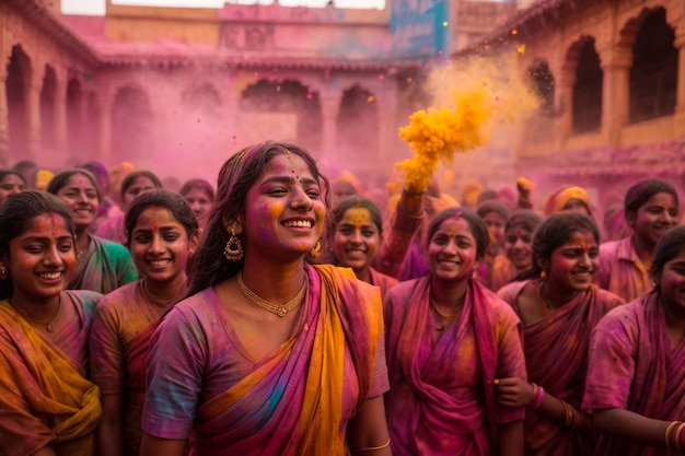 Fotografía gratuita de cerca de dos mujeres jóvenes que muestran sus manos pintadas con color holi