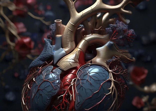 Foto fotografía gratuita de corazón humano con venas en fondo oscuro ilustración de renderizado 3d generada por ai