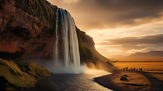 Fotografia gratuita da cachoeira fluindo e do pôr-do-sol da meia-noite brilhando no verão
