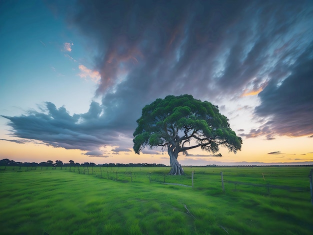 Fotografia gratuita de ângulo amplo de uma única árvore crescendo sob um céu nublado durante um pôr-do-sol cercado de grama