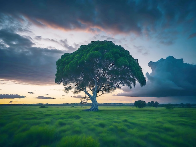 Fotografia gratuita de ângulo amplo de uma única árvore crescendo sob um céu nublado durante um pôr-do-sol cercado de grama