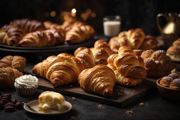 Fotografia gratuita de cima com bolos e croissants deliciosos no chão escuro