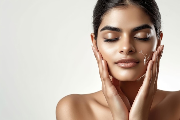 Fotografia gratuita de modelo indiano cuidados com a pele e maquiagem retrato em close-up