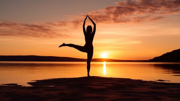 Fotografia gratuita de pose de árvore de ioga na praia com o pôr do sol