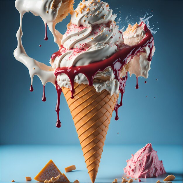 Fotografia gratuita de um cone de sorvete com um sorvete rosa e vermelho em cima dele