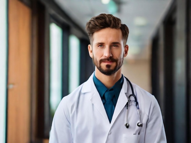 Fotografia gratuita de um jovem médico bonito com uma túnica médica e um estetoscópio