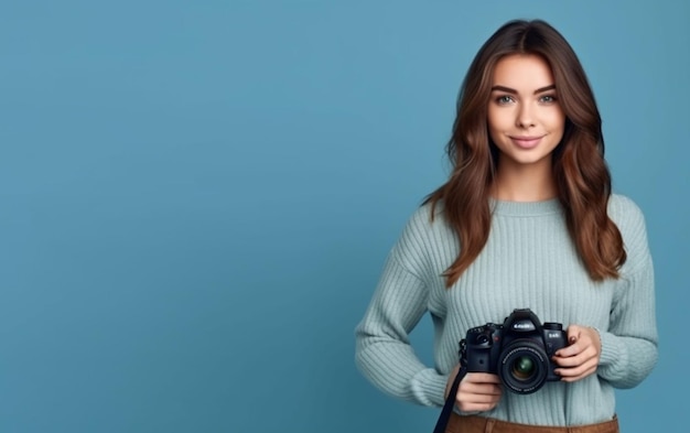 Fotografia gratuita de uma fotógrafa casual sorridente de pé e segurando uma câmera retro em fundo azul