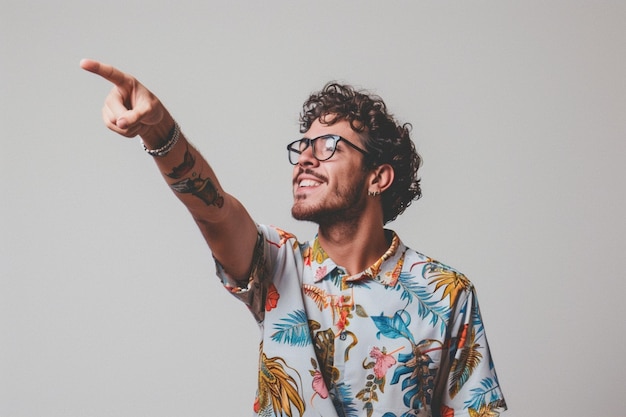 Fotografia gratuita de uma pessoa positiva em uma camiseta vermelha casual com o dedo indicador de lado