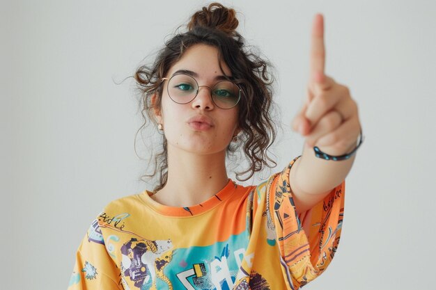 Fotografia gratuita de uma pessoa positiva em uma camiseta vermelha casual com o dedo indicador de lado