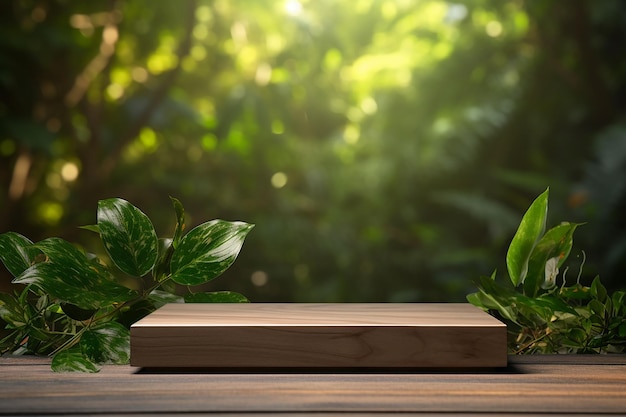 Fotografía gratuita de exhibición de productos de madera podio con la naturaleza borrosa deja fondo generativo ai