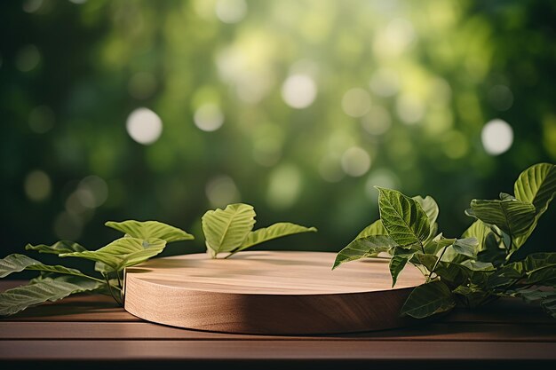 Fotografía gratuita de exhibición de productos de madera podio con la naturaleza borrosa deja fondo generativo ai