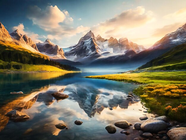 Fotografía gratuita paisaje de montaña naturaleza al aire libre agua hierba bosque generado por ai