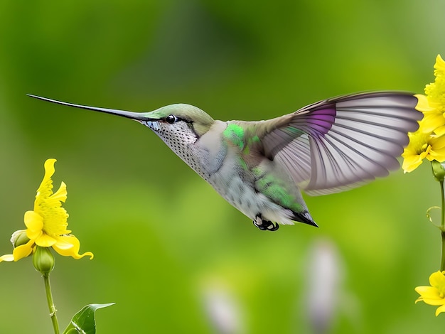 Fotografía gratuita de pájaro colibrí verde y gris volando sobre flores amarillas