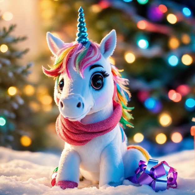 Fotografía gratuita de unicornio con fondo navideño
