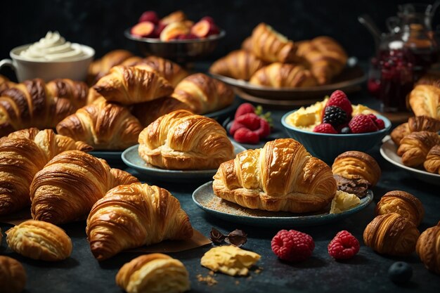 Fotografía gratuita vista de arriba pasteles y croissants deliciosos deliciosos en el suelo oscuro