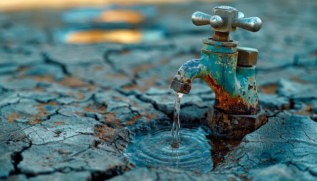 Foto fotografía de un grifo vertiendo agua en un piso agrietado y seco