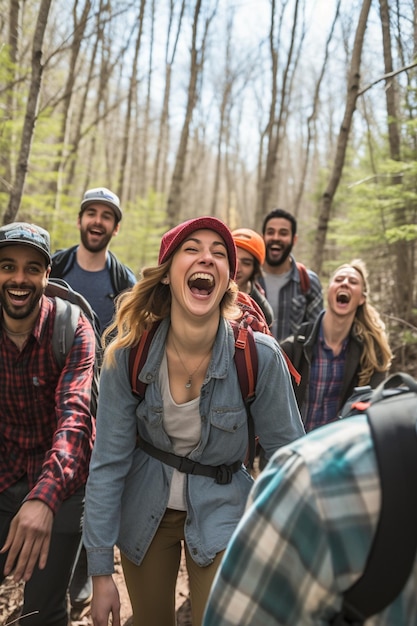 Foto fotografía de un grupo de amigos en una aventura de senderismo de primavera