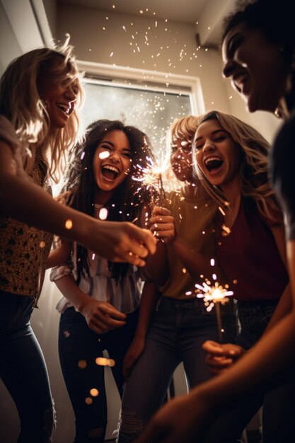 Fotografía de un grupo de amigos divirtiéndose en una fiesta creada con IA generativa