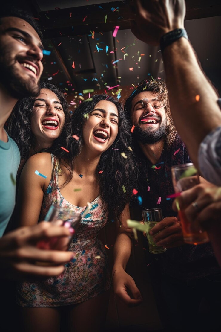 Fotografía de un grupo de amigos divirtiéndose en una fiesta creada con IA generativa