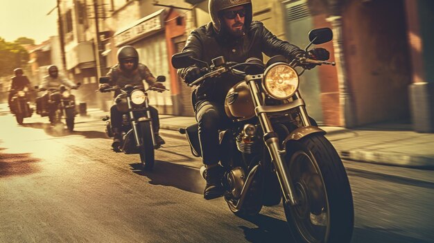 fotografía de un grupo de amigos motociclistas montando juntos