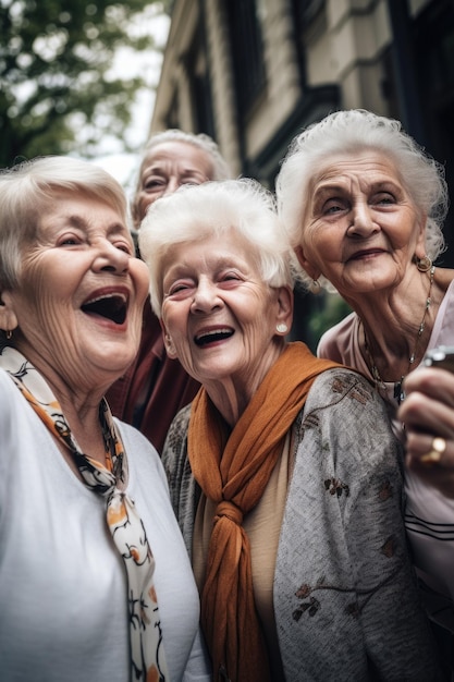 Fotografía de un grupo de ancianos tomando selfies juntos creada con IA generativa