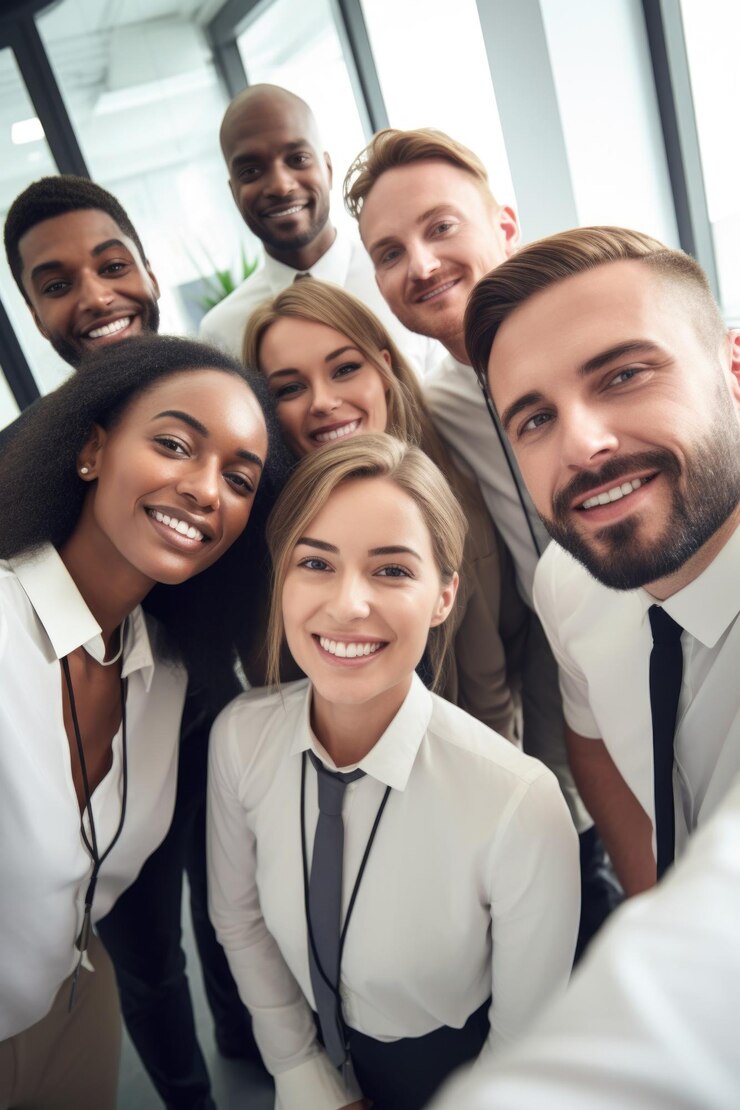 Fotografía de un grupo de colegas tomando selfies en el trabajo